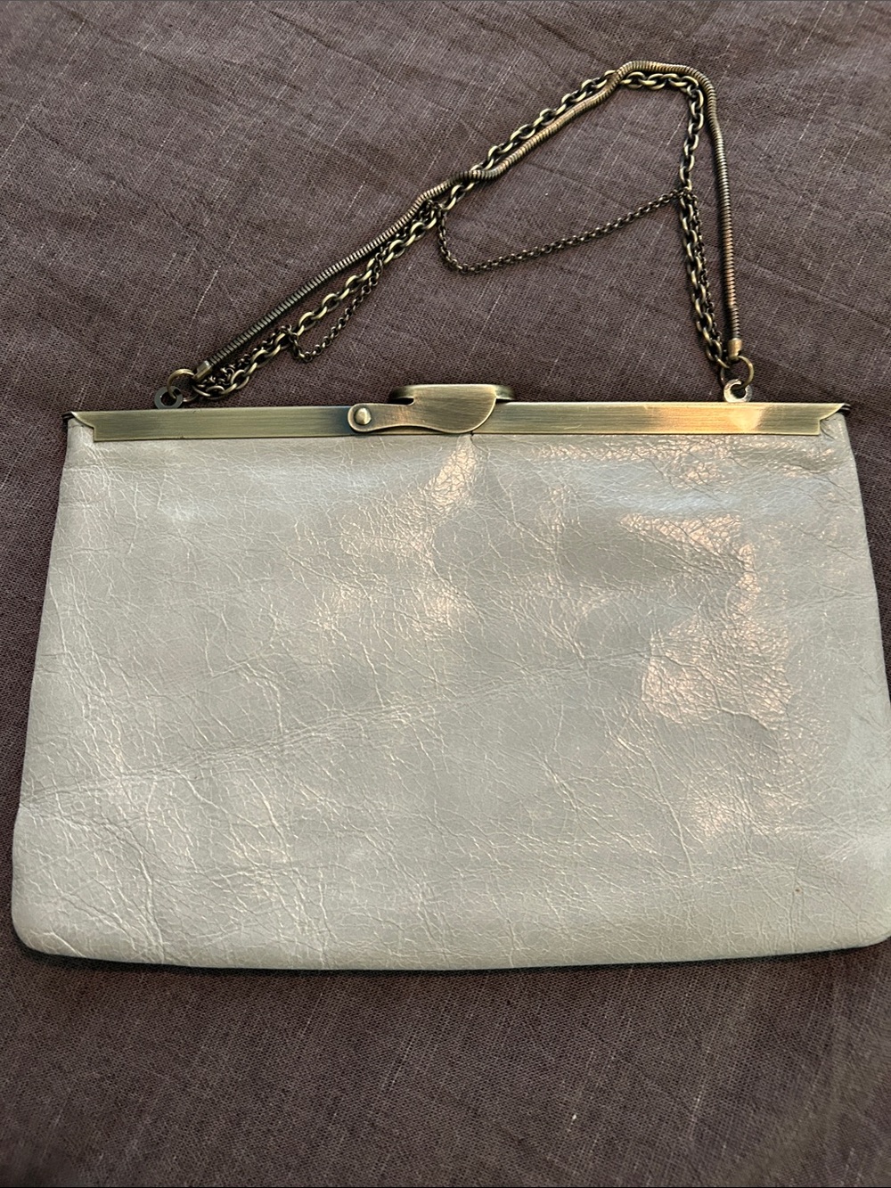 HOBO Pale Gray Leather Frame Clutch with Brass Chain - Picture 5 of 9